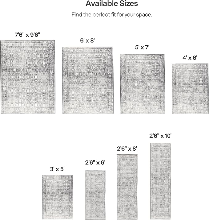 ReaLife Rugs Machine Washable Area Rug - Living Room Bedroom Bathroom Kitchen Entryway Office - Padded Low Pile Stain Resistant Premium - Boho Farmhouse Vintage - Noor - Silver Ivory 4' x 6'