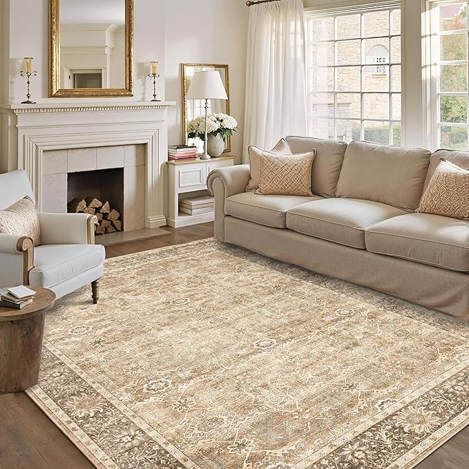 9x12 Washable Area Rug Beige Vintage Rug for Living Room Bedroom Low Pile Soft Non-Slip Boho Rug for Under Table Boho Distressed Retro Carpet for Bedroom Kitchen Office Dining