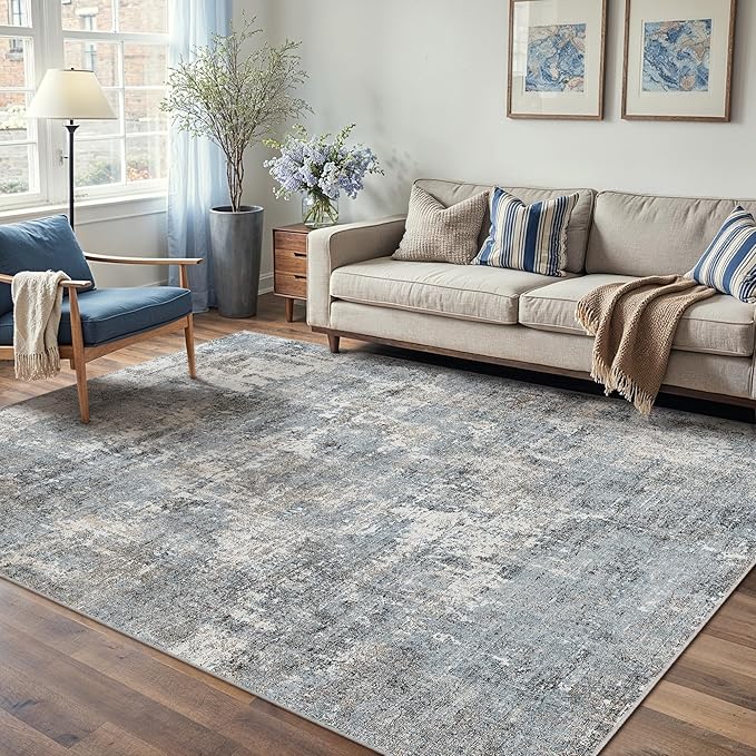 Machine Washable Area Rug 6x9 Grey Large Living Room Indoor Accent Rug Neutral Modern Abstract Low Pile Carpet Non Slip Distressed Throw Rug Bedroom Office Dining Room