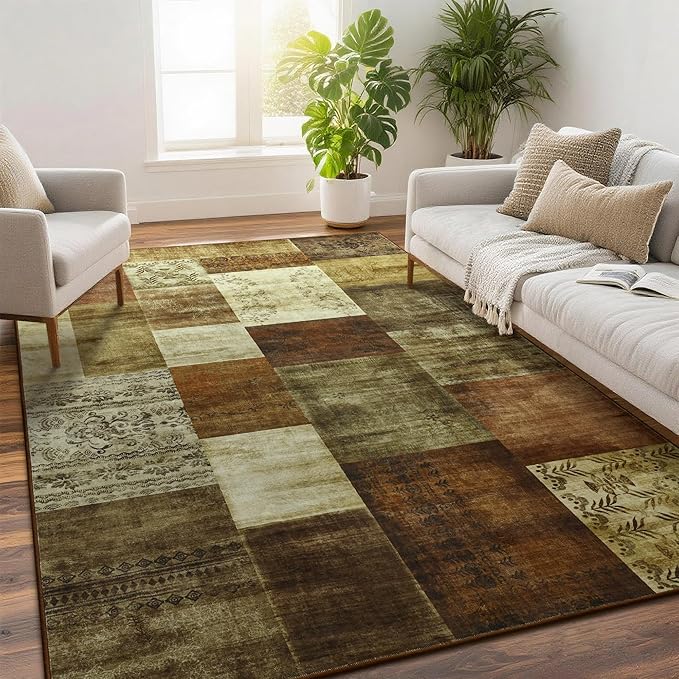 Tepook Modern Area Rug for Living Room, 4x6 Geometric Large Rugs for Bedroom, Washable Patchwork Rug Indoor Non-Slip Throw Carpets for Dining Room Office Farmhouse Home Decor, Brown