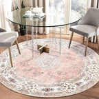MUJOO Pink Round Rug 5ft,Circle Washable Area Rugs for Bedroom Living Room Bathroom,Boho Large Non Slip Circular Carpet,Blush Floral