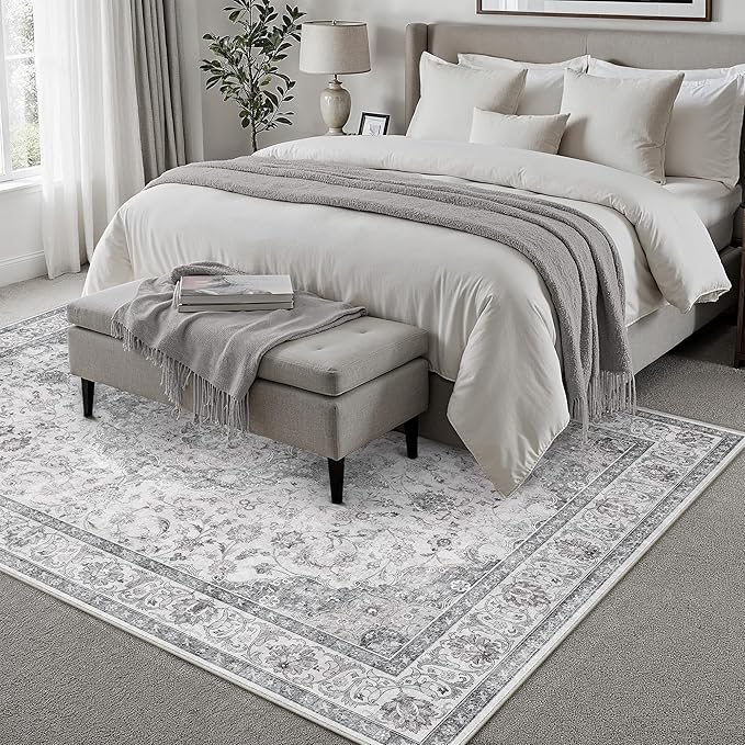 HUGEAR Area Rug 6x9 Vintage Grey Machine Washable Living Room Rugs Thin Neutral Floral Vacuumable Low Pile Carpet Bedroom Office Dining Room Laundry Room Non Slip Soft Lightweight