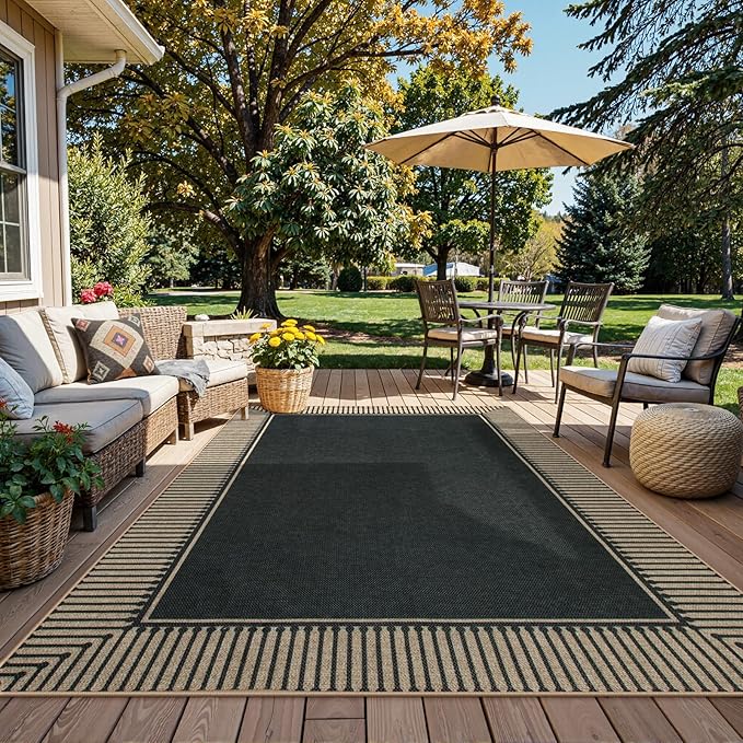 Moynesa Striped Border Easy Jute Outdoor Rug 8x10, Washable Indoor Outdoor Patio Area Rugs for Living Room Non Slip, Modern Classic Farmhouse Carpet for Dining Room Table, Black