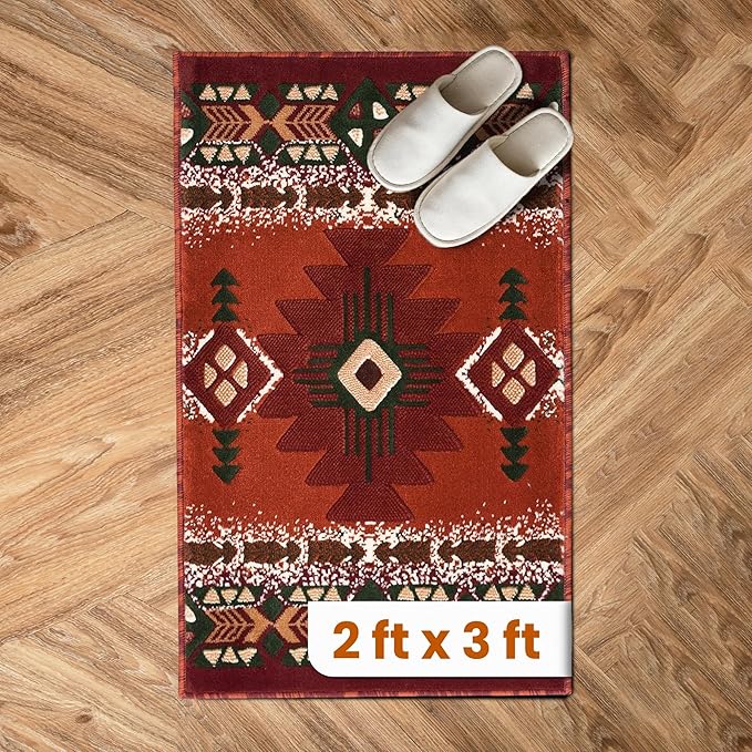YHSF South West Native American Area Rug C318 - Easy Clean, Thick, Soft, Durable Native Tribal American Indian Inspired Rug for Bedroom/Living Room and More - Rust, 2 Feet x 3 Feet 4 Inches