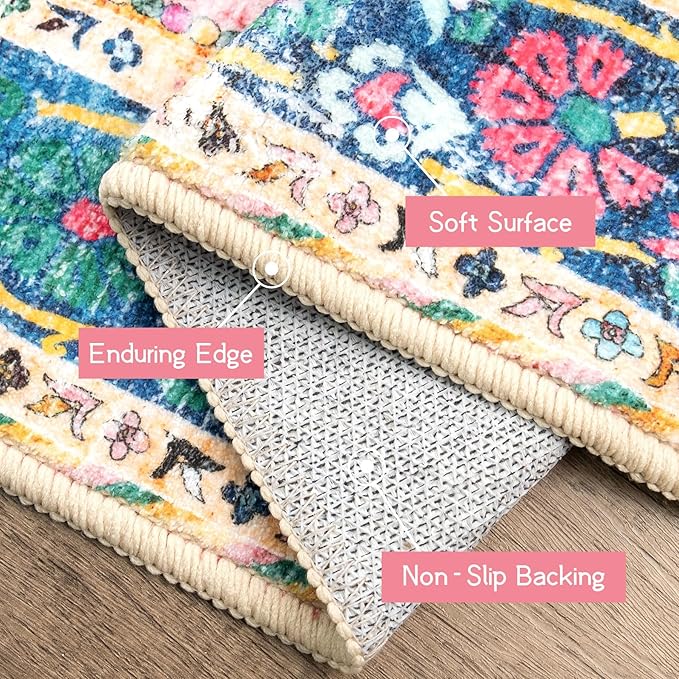 Boho Rug 3x5 Pink Small Area Rug Washable Vintage Rug for Kitchen Living Room Bedroom Bathroom Office Low Pile Non Slip Indoor Floor Carpet