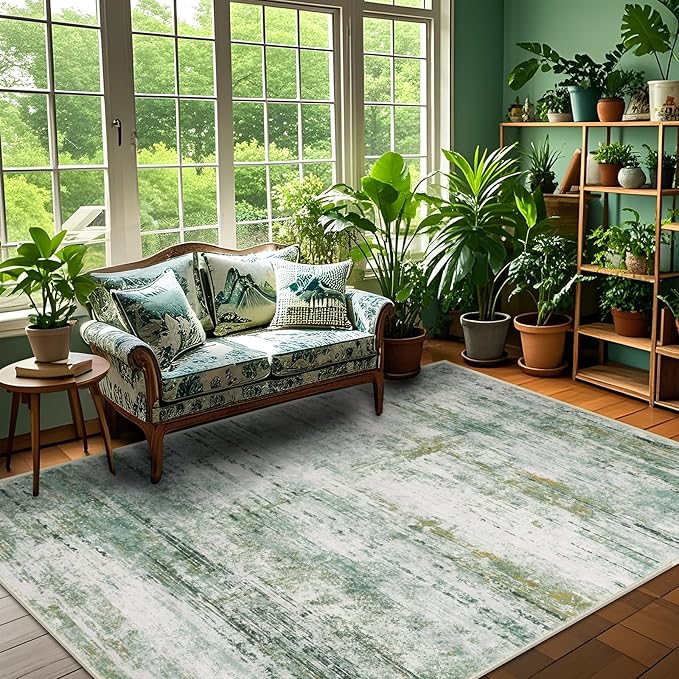 6x9 Abstract Area Rugs for Living Room, Modern Washable Indoor Rug for Bedroom, Thin Soft Large Non-Slip Carpet for Dining Room Home Office Farmhouse Decor - Abstract Army Green
