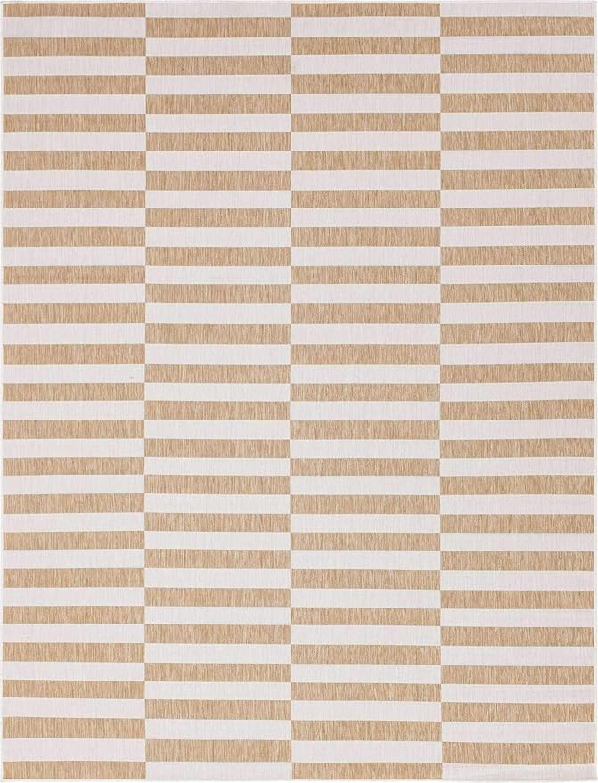 Unique Loom Outdoor Striped Collection Area Rug - Striped (9' x 12' Rectangle, Taupe/Ivory)
