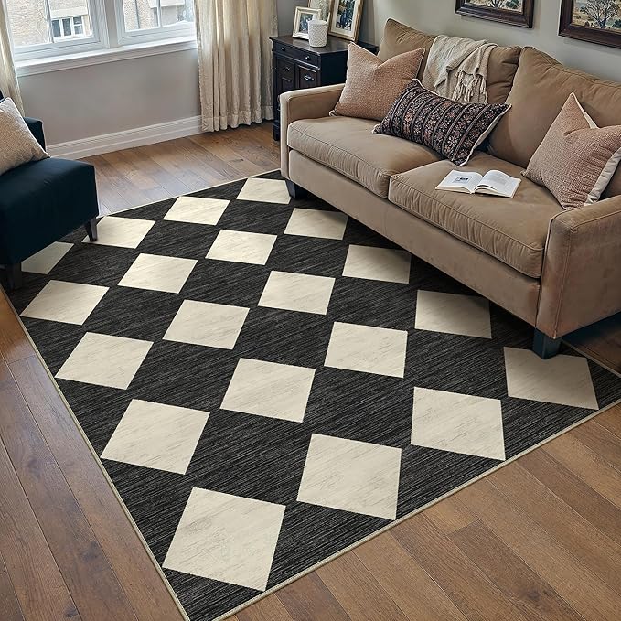 3x5 Checkered Area Rugs for Living Room Black Machine Washable Large Rug Non-Slip Stain Resistant Low Pile Boho Accent Indoor Throw Carpet for Office Bedroom Dining Room Classroom