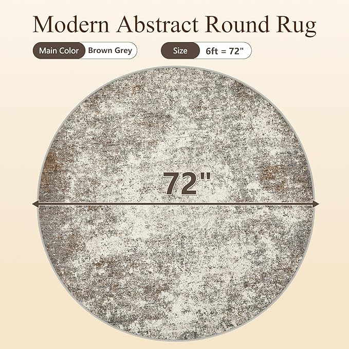 6ft Washable Round Rug - 6x6 Area Rugs Modern Abstract Rugs for Living Room Non-Slip Low Pile Soft Machine Washable Carpet for Bedroom, Living Room, Dining Room, Nursery, Farmhouse (6'x6' Brown Grey)