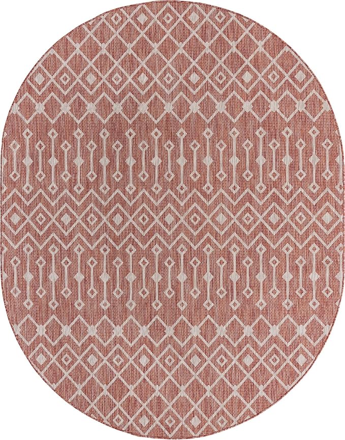 Unique Loom Outdoor Trellis Collection Area Rug - Tribal Trellis (7' 10" x 10' Oval, Rust Red/ Ivory)