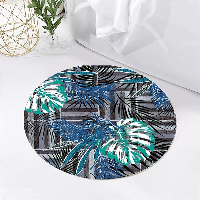 Round Area Rug 3.3ft - Abstract Palm Leaf Pattern, Non-Slip Machine Washable Low Pile Carpet for Bathroom, Living Room, Bedroom, Entryway, Durable Indoor Floor Mat
