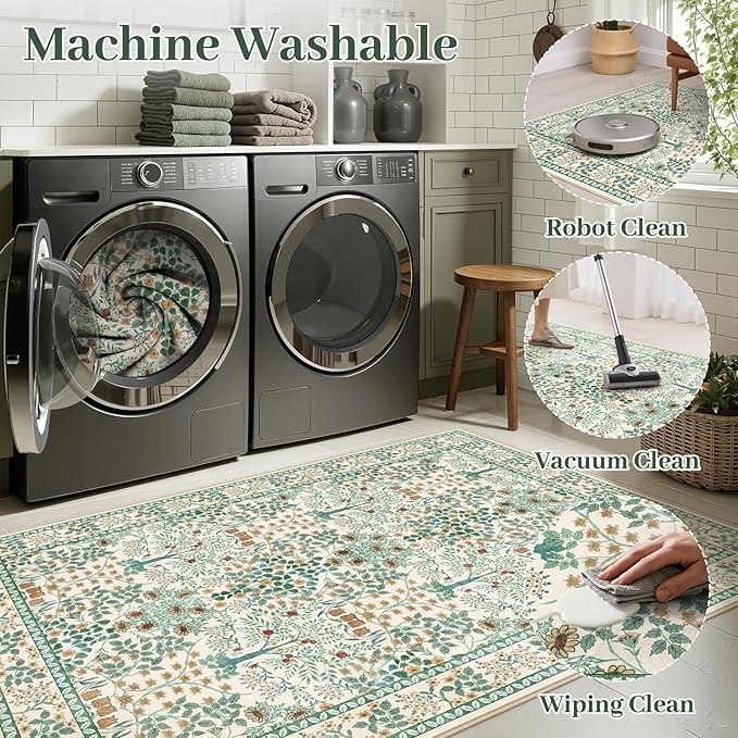 5x7 Area Rugs Living Room Rug - Floral Vintage Morris-Inspired Washable Carpet, Low Pile Non-Shedding Stain Resistance Boho Soft Carpet for Bedroom, Dining Room, Office, Farmhouse (5'x7' Beige Green)