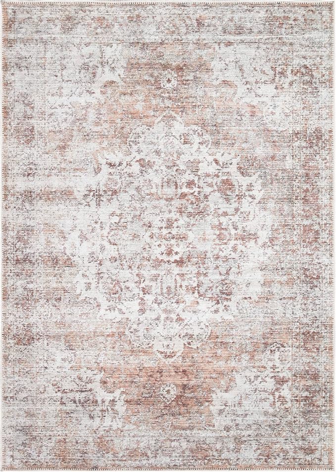 Bloom Rugs Washable Non-Slip 4' x 6' Rug - Ivory/Blush Traditional Area Rug for Living Room, Bedroom, Dining Room, and Kitchen - Exact Size: 4' x 6'