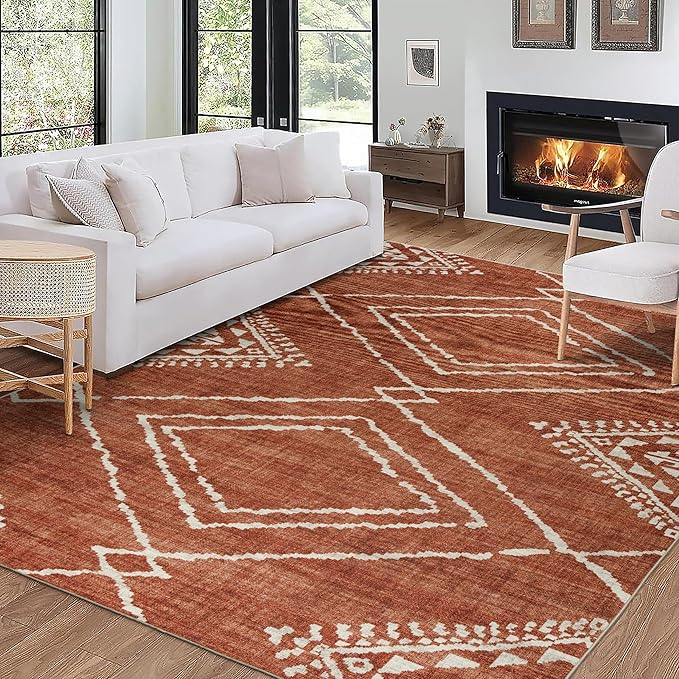 ReaLife Rugs Machine Washable Area Rug - Living Room Bedroom Bathroom Kitchen Entryway Office - Padded Low Pile Stain Resistant Premium - Moroccan Diamond Tribal - Jax - Orange 6' x 8'
