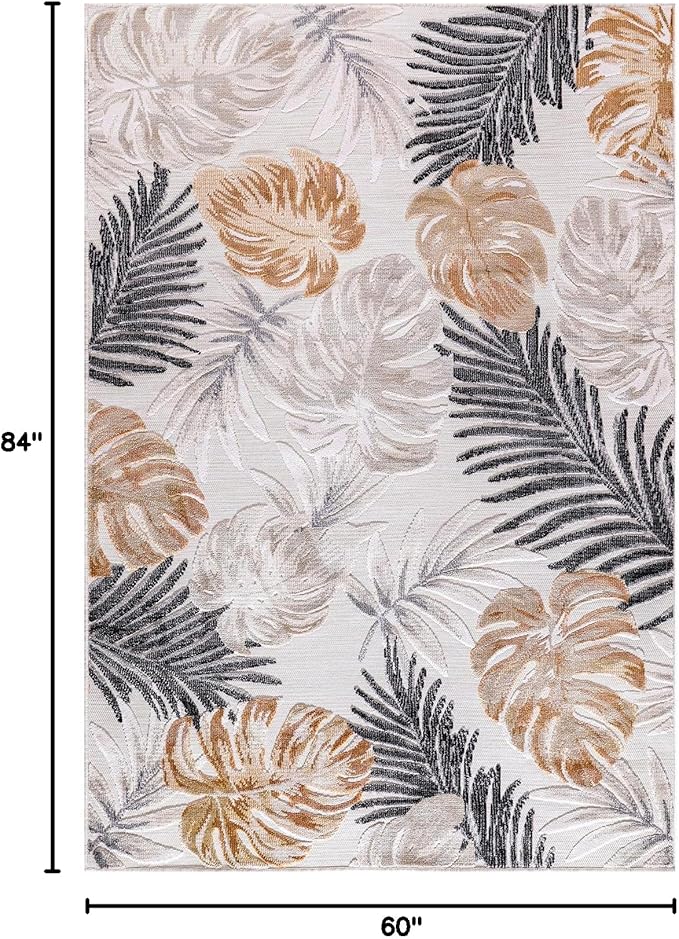 CAMILSON Indoor Outdoor Rug, Yellow 5x7 Leaf Tropical Botanical Area Rugs for Indoor and Outdoor patios, Easy-Cleaning Non-Shedding Living Room, Garden and Kitchen Washable Outside Carpet (5 x 7)