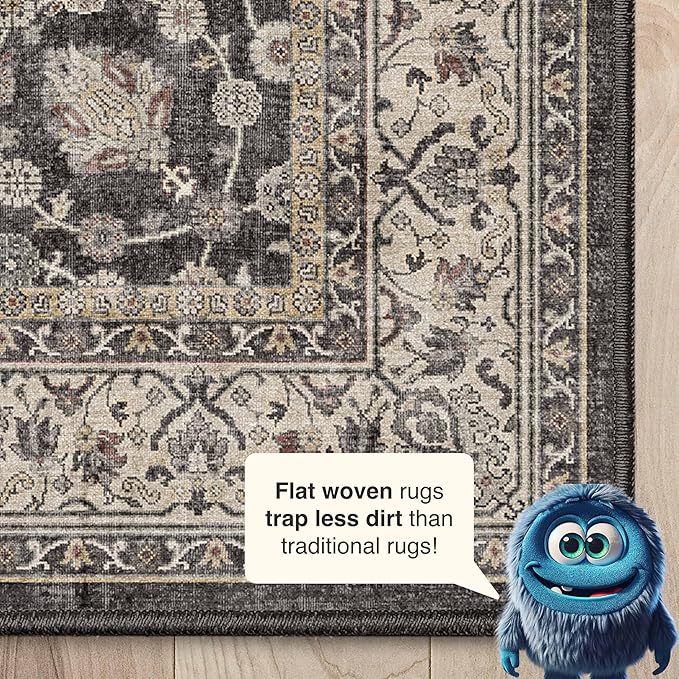 Well Woven Asha Rome Black 9'10" x 13' Area Rug - Oriental Floral Pattern, Easy Clean, Floor-Friendly Backing - for Living Room, Bedroom, and Dining Room