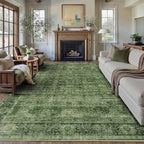 10x14 Washable Area Rug Green Vintage Rug for Living Room Bedroom Low Pile Soft Non-Slip Boho Rug for Under Table Boho Distressed Retro Carpet for Bedroom Dining Room