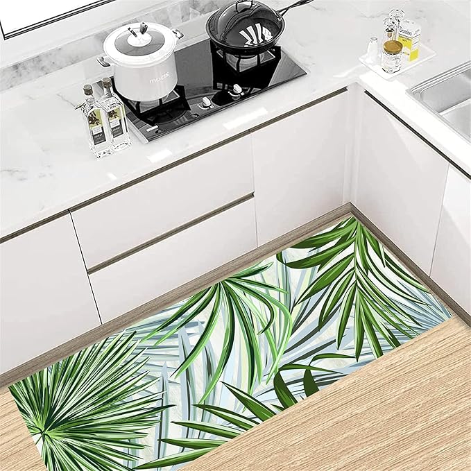 Hall Runner Rug 2x10 ft Non-Slip - Tropical Palm Leaves Design in Emerald Green - Easy Clean Washable Carpet for Hallway, Entryway, Bedroom - Durable Floor Decor