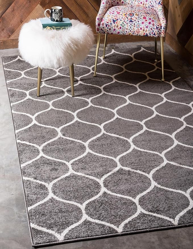 Rugs.com Lattice Frieze Collection Rug – 7' x 10' Dark Gray Medium Rug Perfect for Living Rooms, Large Dining Rooms, Open Floorplans