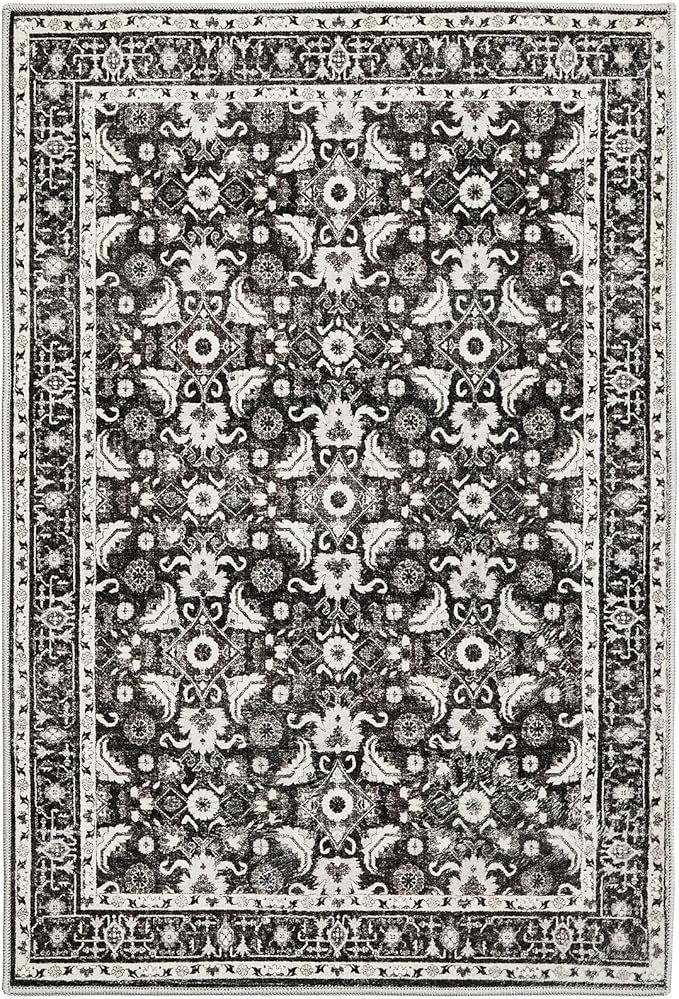 WITSHOCK Washable 2x3 Entryway Area Rug: Soft Non-Slip Backing Washable Rugs Vintage Flower Boho Accent Small Rugs for Bedroom, Kitchen, Bathroom, Nursery Entrance,Black