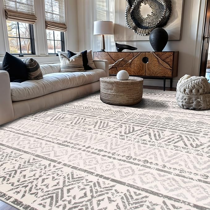Rugshop Geometric Boho Large Area Rug – Gray Tribal Pattern, Perfect for Living Room, Bedroom, Dining Room, 9' x 12'