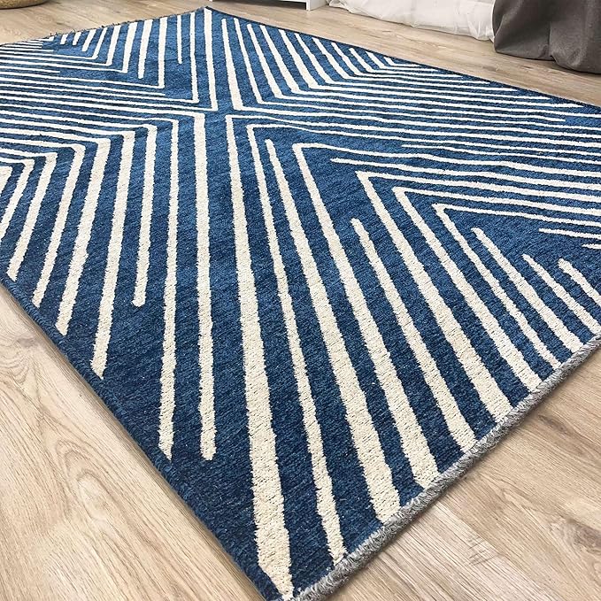 Alfa Rich 4x6 Geometric Navy Blue Off White Washable Area Rugs for Living Room Bedroom Cotton Rug