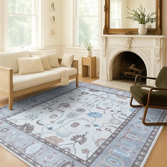Fame Living Crean Grey Oushak Rug, Modern, Vintage, Turkish, Eclectic, Floral, Pastel, Washable, Area Rugs for Living Room, Dining, Bedroom, Office, Entryway, Foyer, Playroom, Nursery, 5'x6'9"