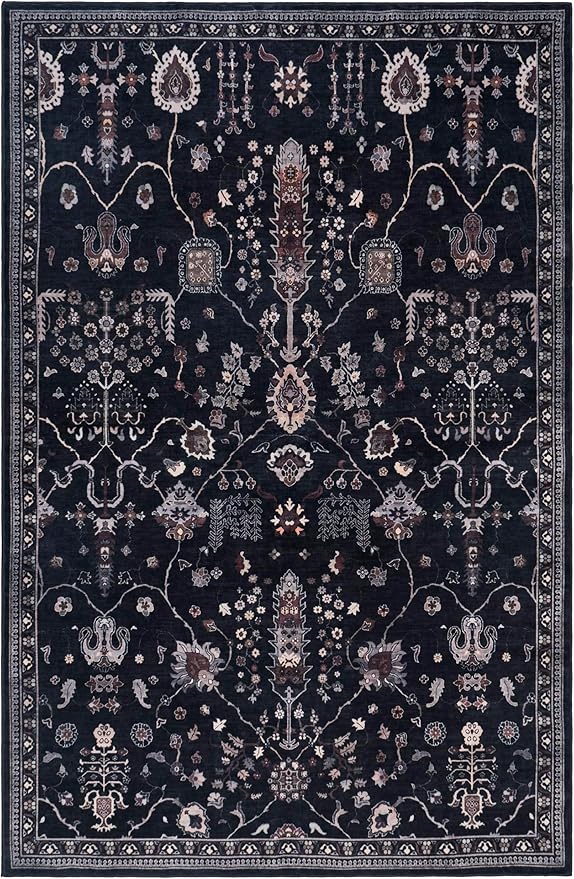 GLN Rugs Traditional Collection - Machine Washable Area Rug, Traditional Washable, Non Slip, Low Pile Chenille Rug, Living Room, Bedroom, Kitchen Rug (8' x 10' Black)