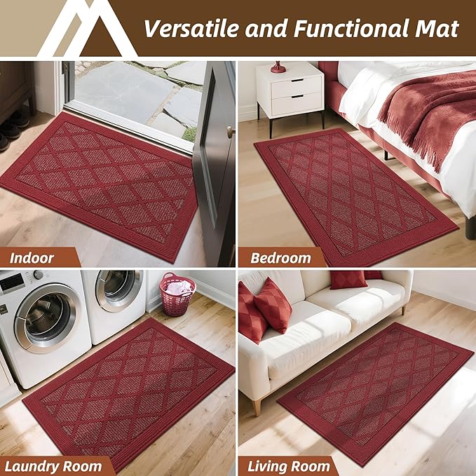 COSY HOMEER Non-Slip Door Mat 24"x36", Entryway Rugs Low Profile Absorbent Dirt Trapper Doormat for Front Entrance, Washable Polypropylene Entry Mat (Red)