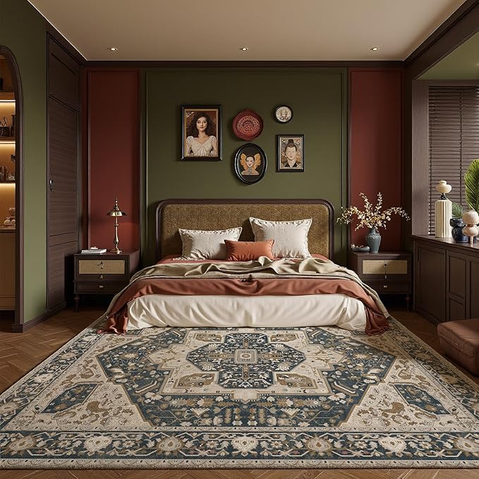 EnHomee 5x7 Area Rugs Washable for Bedroom, Boho Vintage Rugs, Foldable Area Rug for Dining Room, Non-Slip Soft Living Room Rug, Low Pile Large Carpet for Bathroom, Blue and Brown