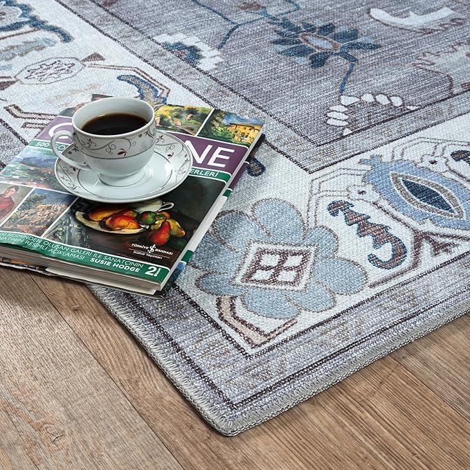 Fame Living Grey Oushak Rug, Modern, Vintage, Turkish, Eclectic, Floral, Pastel, Washable, Area Rugs for Living Room, Dining, Bedroom, Nursery, Girls, Boys, 5'9"x8'9"