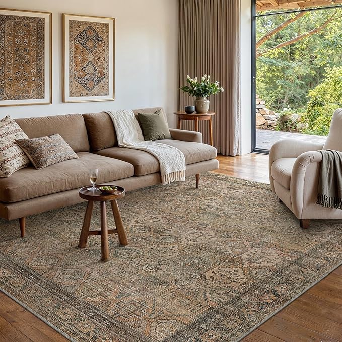 Bavni Washable Rug 6x9 Area Rug for Living Room Bedroom Dining, Washable Vintage Print Carpet, Ultra-Thin Chenille Low Pile Lightweight Rug with Non Slip Backing, Warm Taupe