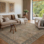 Bavni Washable Rug 8x10 Area Rug for Living Room Bedroom Dining, Washable Vintage Print Carpet, Ultra-Thin Chenille Low Pile Lightweight Rug with Non Slip Backing, Warm Taupe
