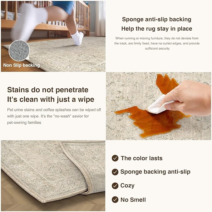 HUGEAR 6x9 Machine Washable Area Rugs Vintage Beige - Neutral Living Room Bedroom Rug Non Slip Stain Resistant Low Pile Aesthetic Throw Carpet Kids & Pet Friendly