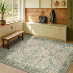 Washable Sage Green Area Rugs 5x7 for Living Room, Bedroom Bedside, Dinning Room, Office with Botanical Floral Bird Pattern, Muted Green Non Slip Stain Resistant Low Pile French Country Decor