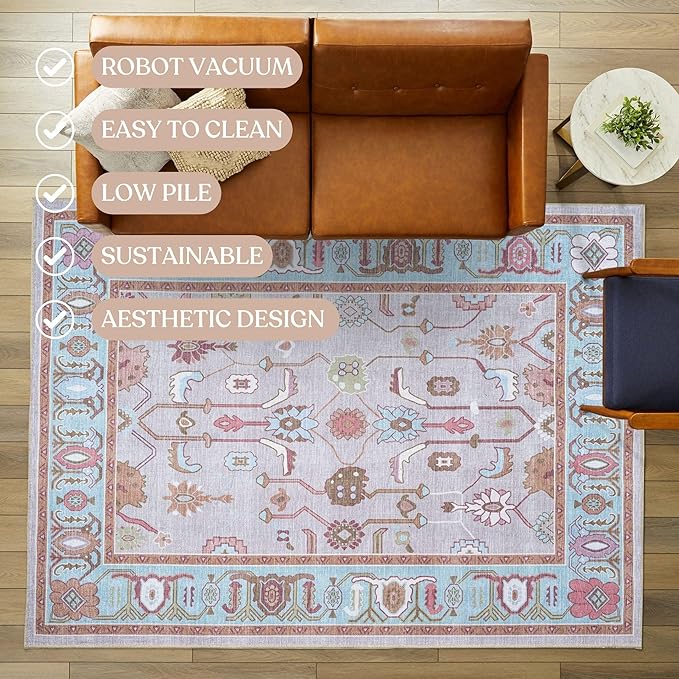 Fame Living Pink Oushak Rug, Modern, Vintage, Turkish, Eclectic, Floral, Pastel, Washable, Large Area Rugs for Living Room, Dining, Bedroom, Girls, Boys, 7'5"x9'8"
