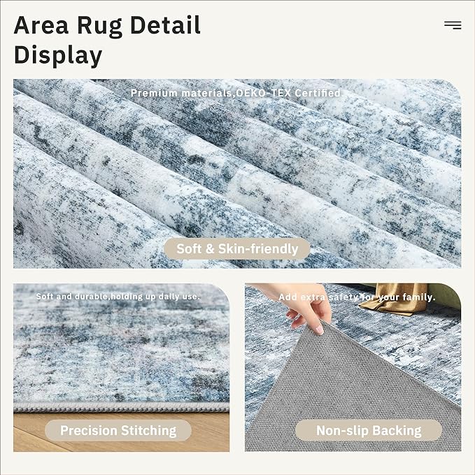 Area Rugs 4x6 for Living Room, Vintage Abstract Washable Rugs for Dining Room, Kitchen, Non-Slip Area Rug Blue