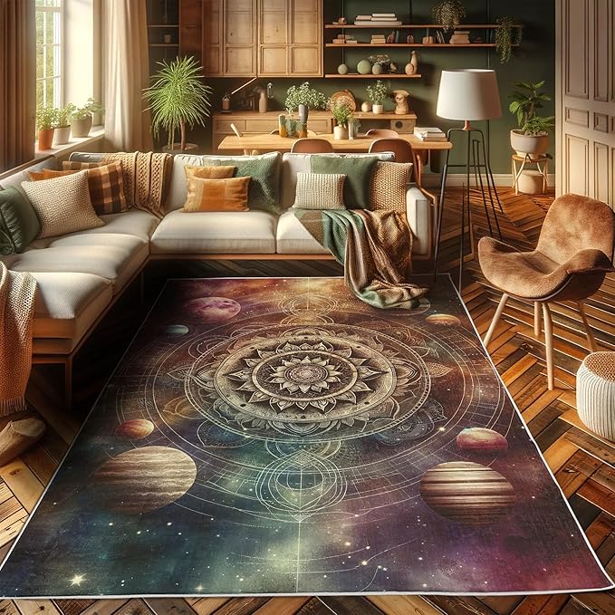 Ambesonne Galaxy Decorative Rug, Dreamy Art of Starry Outer Space with Planets Featuring Oriental Mandala, Quality Carpet for Bedroom Dorm and Living Room, 2' 5" x 5', Pale Camel Dried Rose