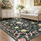 Black Rug Bow Floral Rug for Girls, 5x7 Washable Area Rugs for Bedroom Living Room, Kitchen,Dining Room,Kids Room,Playroom, Cute Ultra-Thin Non Slip Low Pile Indoor Carpet