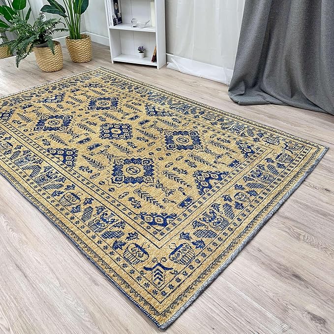 Alfa Rich 3x5 Gold Navy Blue Washable Area Rugs for Living Room Bedroom Kitchen Dining Cotton Runner
