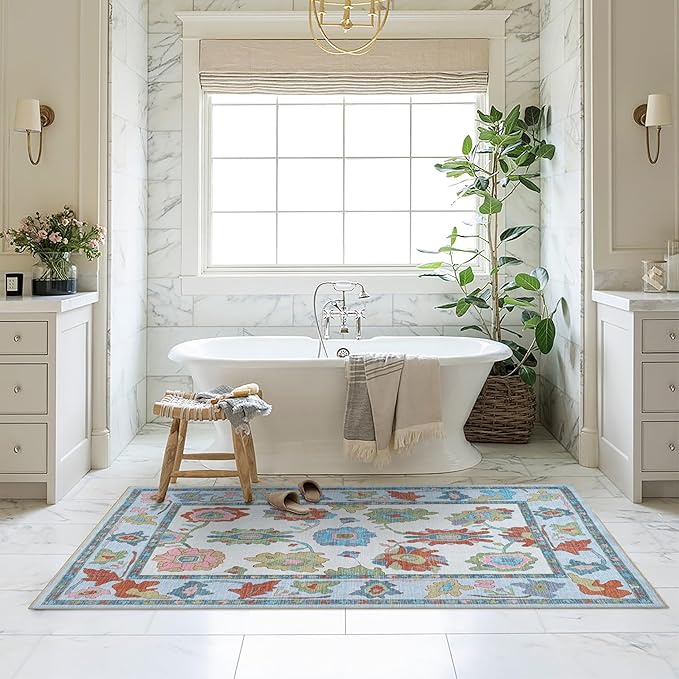 Fame Living Colorful Oushak Rug, Modern, Vintage, Turkish, Eclectic, Floral, Pastel, Washable, Extra Large Area Rugs for Living Room, Dining, Bedroom, Lounge, 9'x12'