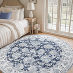 jinchan Fiora Round Rug 8ft Area Rugs Vintage Floral Distressed Design Machine Washable Non-Slip Low-Pile Ultra-Thin Circle Rug for Living Room Dining Room Bedroom Farmhouse (8' Round, Dark Blue)