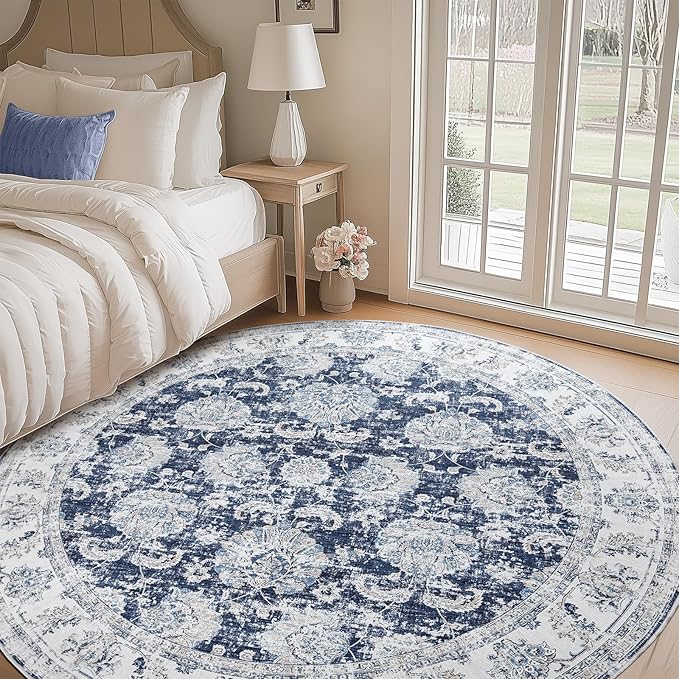 jinchan Fiora Round Rug 8ft Area Rugs Vintage Floral Distressed Design Machine Washable Non-Slip Low-Pile Ultra-Thin Circle Rug for Living Room Dining Room Bedroom Farmhouse (8' Round, Dark Blue)