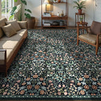Lahome Floral 9x12 Black Rug for Living Room, Boho Thin Stain Resistant Dining Room Rugs for Under Table, Soft Carpet with Rubber Backing for Guestroom