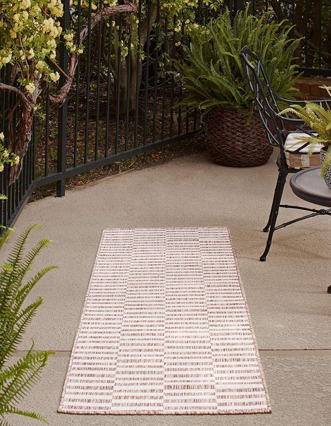 Unique Loom Outdoor Striped Collection Area Rug - Striped (2' 7" x 10' Runner Taupe/Ivory)