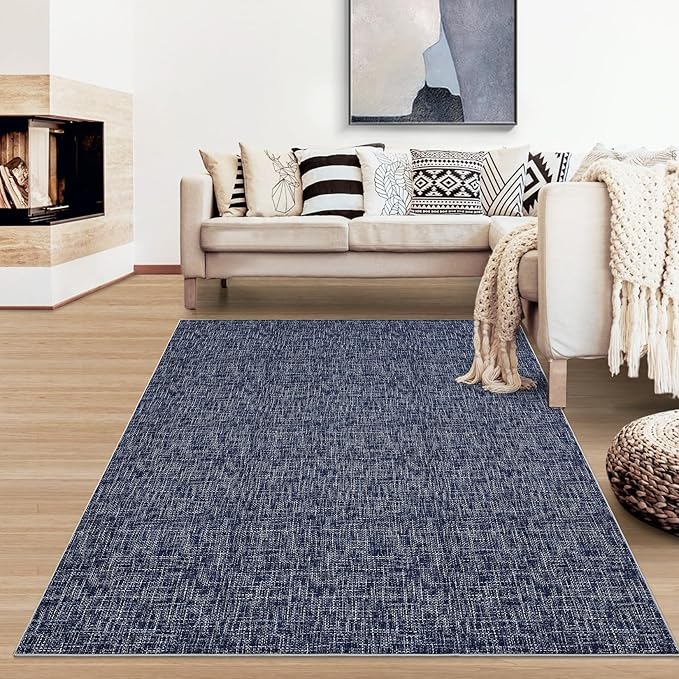 RUGSREAL Washable Rug 10x13 for Living Room Modern Abstract Area Rug Non-Slip Large Contemporary Bedroom Rug Stain Resistant Aesthetic Accent Floor Carpet Foldable Solid Rug for Home Office, Blue