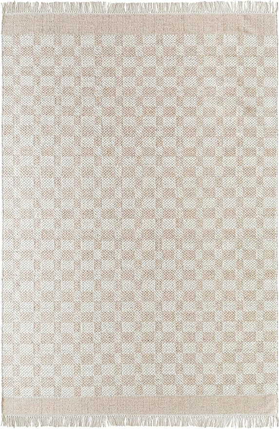 Mark&Day Wool Rugs, 2x3 Clinten Solid and Border Tan Checkered Rug, Tan Ivory Carpet for Living Room, Bedroom or Kitchen (2' x 3')