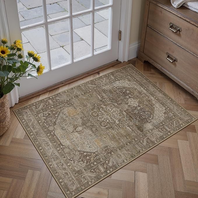 2x3 Brown Washable Vintage Area Rug for Living Room Bedroom Non Slip Distressed Traditional Soft Throw Rug Low Pile Lightweight Floral Doormat Entryway Dining Laundry Room Kitchen