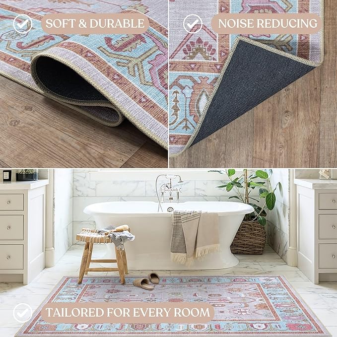 Fame Living Pink Oushak Runner Rug, Modern Runners, Vintage, Turkish, Eclectic, Floral, Pastel, Washable, Runner for Hallway, Kitchen, Bedroom, Bathroom, 2'5"x9'8"