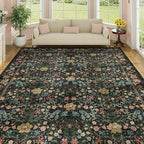 DUKINO 8x10 Area Rugs for Living Room, Vintage Floral Washable Rug with Non Slip Backing, Soft Low Pile & Non-Shedding Large Carpets for Bedroom, Farmhouse, Dining Room, Home Office, Black